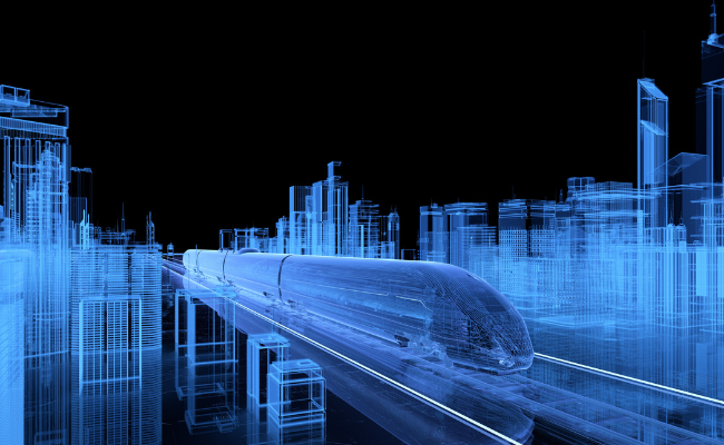 A digital visualisation of a train travelling at speed within a digital network