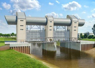 Computer model of the Bridgwater Tidal Barrier set in the surrounding countryside