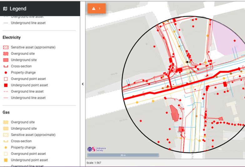 Image of National Underground Asset Register web-portal. A map of a street with utilities marked in red and a legend